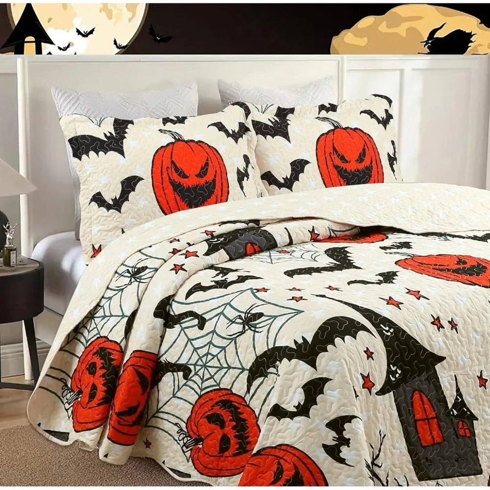 Halloween Quilted Pillowcase Sham Jack-O-Lantern Pumpkin Bats Stars Orange 1pc